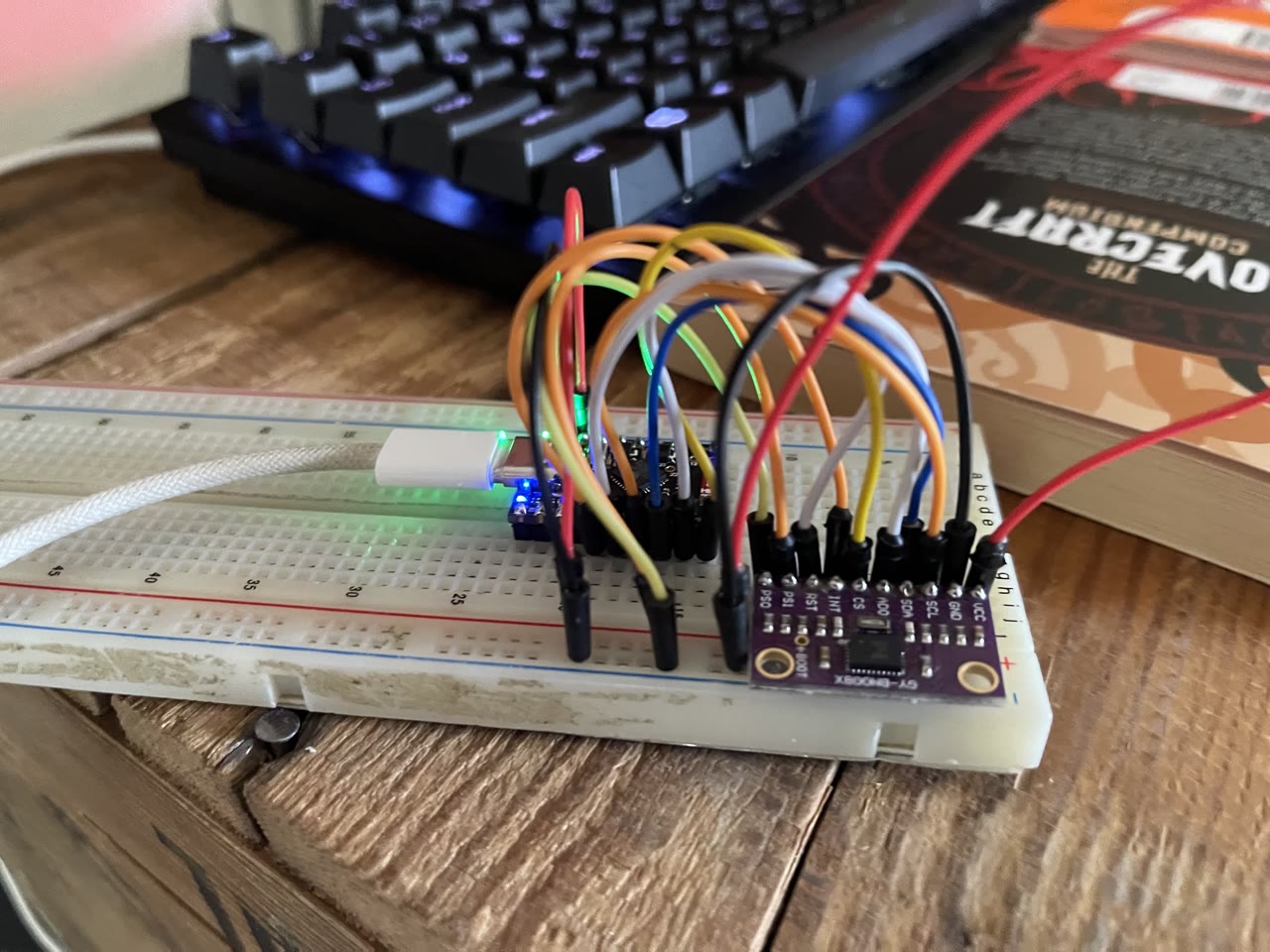 BNO085 IMU wired on a breadboard during bring-up