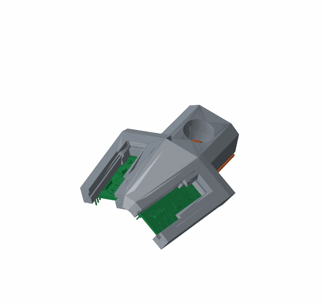 Exploded view animation of the 3D-printed sensor pod, showing the two time-of-flight boards and the camera in their mounts.